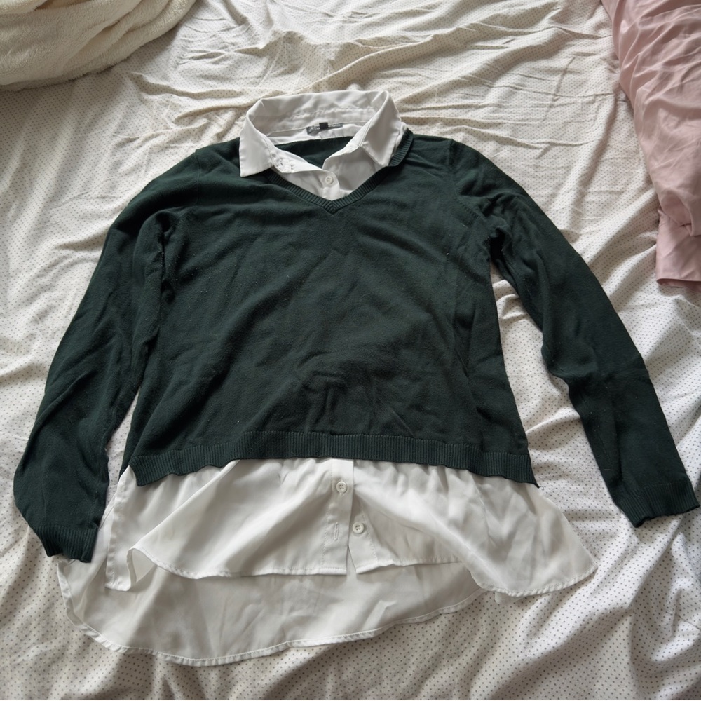 Adrianna Papell Dark Jewel Green and White Layered-Look Top